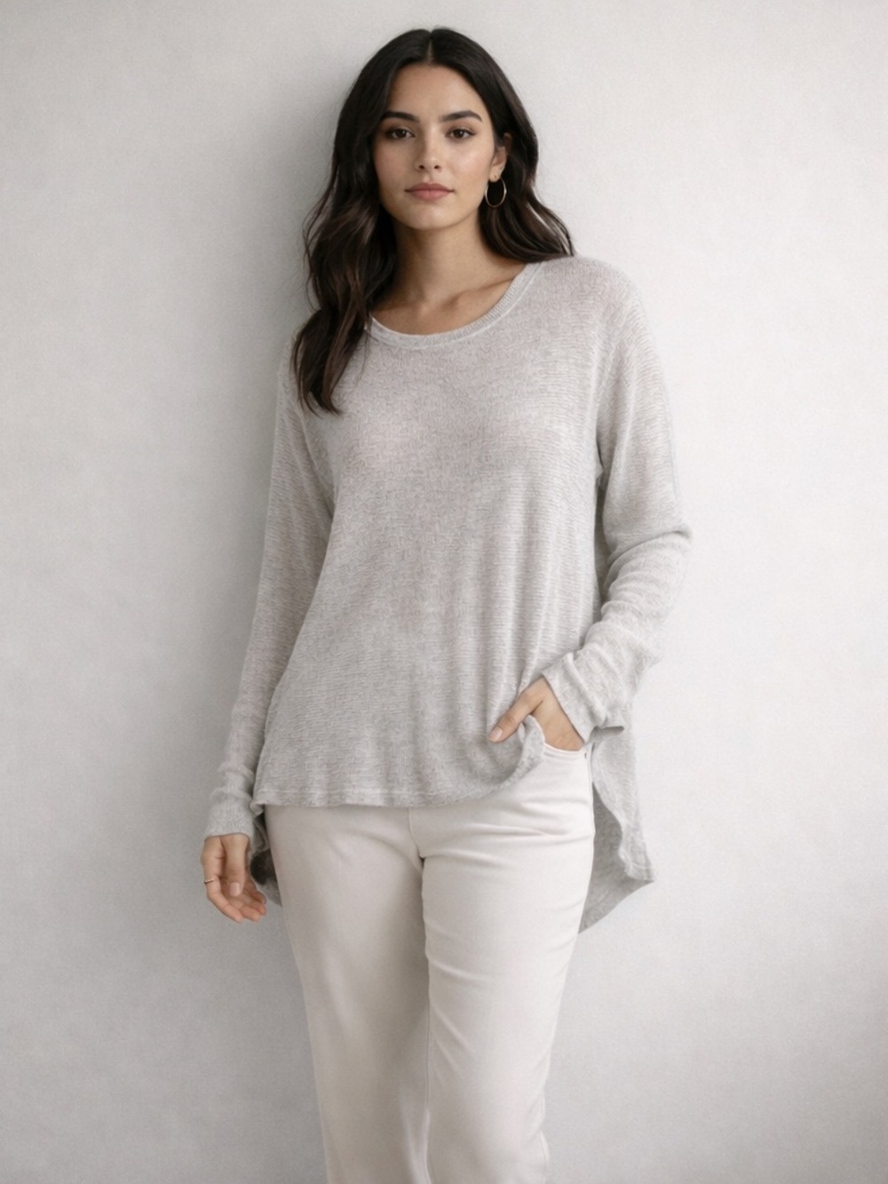 JOAH BROWN Gray Loose Knit Long Sleeve Stretchy Shirt Asymmetric Hem Size Medium